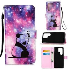 Per Samsung Galaxy S22 Ultra 5G Pattern di disegno colorato Modello Pianurale Telefono in pelle con supporto e carta Slot & Portafoglio e cordino (Baby Panda)