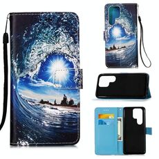 Per Samsung Galaxy S22 Ultra 5G Colorato Disegno Modello Plain Weave Telefono in pelle con supporto e carta Slot & Portafoglio e cordino (Ocean Waves and Sun)