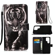 Per Samsung Galaxy S22 Ultra 5G Disegno colorato Pattern Plain Weave Telefono in pelle con supporto e carta Slot & Portafoglio e cordino (Tigre Black White Tiger)