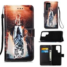 Per Samsung Galaxy S22 Ultra 5G Colorato Disegno Modello Plain Weave Telefono in pelle con supporto e carta Slot & Portafoglio e cordino (gatto e Tigre)