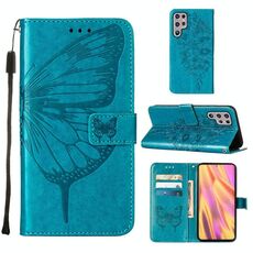 Per Samsung Galaxy S22 Ultra 5G Custodia a farfalla in pelle in cuoio in rilievo con titolare e carta Slot & Portafoglio e cordino (blu)