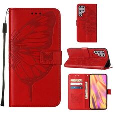 Per Samsung Galaxy S22 Ultra 5G Custodia a farfalla in cuoio a farfalla in rilievo con supporto e carta Slot & Portafoglio e cordino (rosso)
