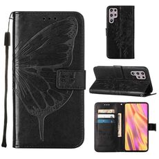 Per Samsung Galaxy S22 Ultra 5G Cassa del telefono in pelle in cuoio in rilievo con supporto e carta Slot & Portafoglio e cordino (nero)