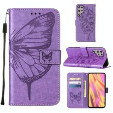 Per Samsung Galaxy S22 Ultra 5G Cassa del telefono in pelle in cuoio in rilievo con supporto e carta Slot & Portafoglio e cordino (viola)