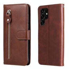Per Samsung Galaxy S22 Ultra 5G texture di texture a cerniera con cerniera in pelle orizzontale in pelle flip (marrone)