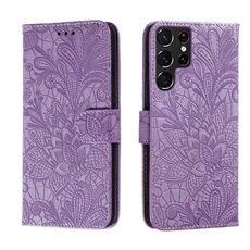 Per Samsung Galaxy S22 Ultra 5G Cassa del telefono in pelle di pizzo con titolare e carta Slot & Portafoglio e cornice fotografica (viola)