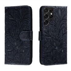 Per Samsung Galaxy S22 Ultra 5G Cassa del telefono in pelle di pizzo con titolare e carta Slot & Portafoglio e cornice fotografica (blu scuro)