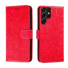Per Samsung Galaxy S22 Ultra 5G Cassa del telefono in pelle di pizzo con titolare e carte e portafoglio e cornice fotografica (rosso)