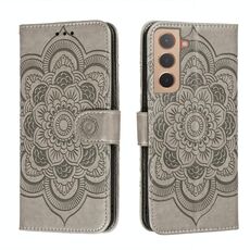 Per Samsung Galaxy S22 5G Sun Mandala Embossing Pattern Telefono in pelle con supporto e carte Slot & Portafoglio e cordino (grigio)