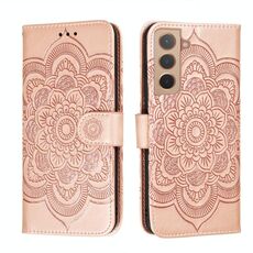 Per Samsung Galaxy S22 5G Sun Mandala Embossing Pattern Telefono Custodia in pelle con supporto e carte Slot & Portafoglio e cordino (oro rosa)
