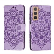 Per Samsung Galaxy S22 5g Sun Mandala Embossing Pattern Telefono Custodia in pelle con supporto e carte Slot & Portafoglio e cordino (viola)