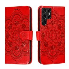 Per Samsung Galaxy S22 Ultra 5G Sun Mandala Embossing Pattern Case in pelle con supporto e carte Slot & Portafoglio e cordino (rosso)