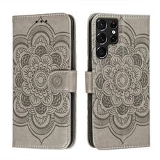 Per Samsung Galaxy S22 Ultra 5G Sun Mandala Embossing Pattern Cassa in pelle con supporto e carte Slot & Portafoglio e cordino (grigio)