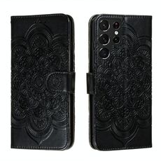Per Samsung Galaxy S22 Ultra 5G Sun Mandala Embossing Pattern Case in pelle con supporto e carte Slot & Portafoglio e cordino (nero)