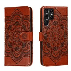 Per Samsung Galaxy S22 Ultra 5G Sun Mandala Embossing Pattern Telefono Custodia in pelle con supporto e carte Slot & Portafoglio e cordino (Brown)
