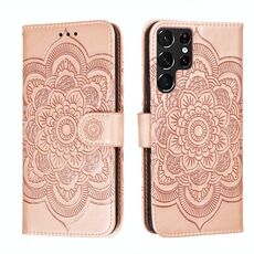 Per Samsung Galaxy S22 Ultra 5G Sun Mandala Embossing Pattern Cassa in pelle con supporto e carte Slot & Portafoglio e cordino (oro rosa)