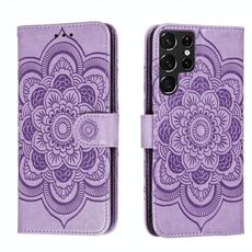 Per Samsung Galaxy S22 Ultra 5G Sun Mandala Embossing Pattern Telefono Caso in pelle con supporto e carte Slot & Portafoglio e cordino (viola)
