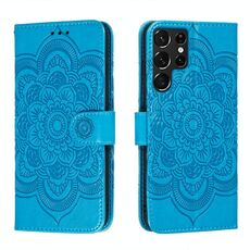 Per Samsung Galaxy S22 Ultra 5G Sun Mandala Embossing Pattern Cassa in pelle con supporto e carte Slot & Portafoglio e cordino (blu)