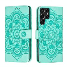 Per Samsung Galaxy S22 Ultra 5G Sun Mandala Embossing Pattern Telefono Caso in pelle con supporto e carte Slot & Portafoglio e cordino (verde)
