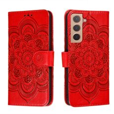Per Samsung Galaxy S22 + 5G Sun Mandala Embossing Pattern Custodia in pelle con supporto e carte Slot & Portafoglio e cordino (rosso)