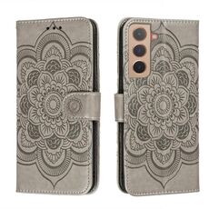 Per Samsung Galaxy S22 + 5G Sun Mandala Goffing Pattern Caso in pelle Telefono con titolare e carte Slot & Portafoglio e cordino (grigio)