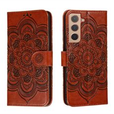 Per Samsung Galaxy S22 + 5G Sun Mandala Embossing Pattern Cassa in pelle con supporto e carte Slot & Portafoglio e cordino (Brown)