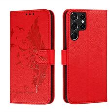 Per Samsung Galaxy S22 Ultra 5G Pattern di piume di piume Litchi Texture in pelle Telefono con titolare e slot per schede e portafoglio (rosso)