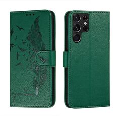 Per Samsung Galaxy S22 Ultra 5G Pattern di piuma di piume Litchi texture custodia in pelle con supporto e carte slot e portafoglio (verde)
