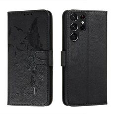 Per Samsung Galaxy S22 Ultra 5G Pattern di piume Litchi Texture in pelle Telefono in pelle con supporto e carte Slot & Portafoglio (nero)