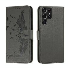 Per Samsung Galaxy S22 Ultra 5G Pattern Feather Pattern Litchi Texture in pelle Cassa del telefono con supporto e carte Slot & Portafoglio (Grigio)