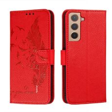 Per Samsung Galaxy S22 + 5G Pattern di piume Litchi Texture in pelle Telefono in pelle con supporto e carta Slot & Portafoglio (rosso)