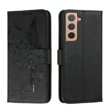 Per Samsung Galaxy S22 + 5G Pattern di piume Litchi Texture Telefono in pelle con titolare e slot per schede e portafoglio (nero)