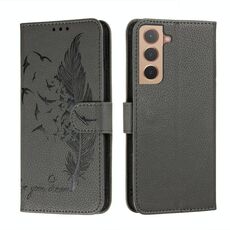 Per Samsung Galaxy S22 + 5g Pattern di piume Litchi Texture in pelle Telefono con supporto e carte Slot & Portafoglio (Grigio)