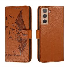 Per Samsung Galaxy S22 + 5G Pattern di piume Litchi Texture in pelle Cassa del telefono con supporto e carte e portafoglio (Brown)