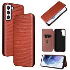 Per Samsung Galaxy S22 + Cassa del telefono a flip orizzontale orizzontale in fibra di carbonio (marrone)