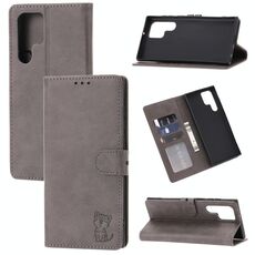 Per Samsung Galaxy S22 Ultra 5G Embossed Happy Cat Pattern Pelle Custodia in pelle (grigio)