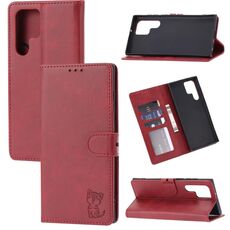 Per Samsung Galaxy S22 Ultra 5G Embossed Happy Cat Pattern Pelle Custodia in pelle (rosso)