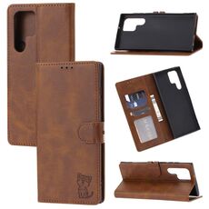 Per Samsung Galaxy S22 Ultra 5G Embossed Happy Cat Pattern Custodia in pelle (Brown)