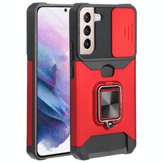 Per Samsung Galaxy S22 + 5G Coperchio della fotocamera scorrevole Design PC + TPU Cassa del telefono antiurto con porta anello e slot per schede (rosso)