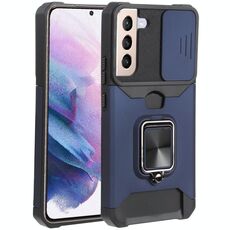Per Samsung Galaxy S22 + 5G Coperchio della fotocamera scorrevole Design PC + TPU Cassa del telefono antiurto con porta anello e slot per schede (blu)