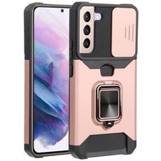 Per Samsung Galaxy S22 + 5G Coperchio della fotocamera scorrevole Design PC + TPU Cassa del telefono antiurto con porta anello e slot per schede (oro rosa)