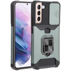 Per Samsung Galaxy S22 + 5G Coperchio della fotocamera scorrevole PC + TPU Cassa del telefono antiurto con porta anello e slot per schede (verde scuro)