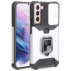 Per Samsung Galaxy S22 + 5G Coperchio fotografica scorrevole Design PC + TPU Cassa del telefono antiurto con porta anello e slot per schede (argento)