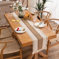2 pezzi in cotone e biancheria intrecciata colorblock nappa tazza runner a rombo a righe, dimensioni: 30x275 cm (canapa centrale)