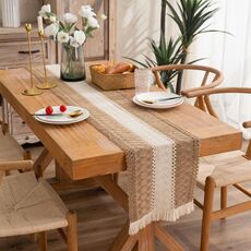 Runner da tavolo con rombi a righe e nappe color block in cotone e lino, dimensioni: 30x50 cm (cotone medio)