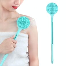 Spazzola da bagno a doppio lato con manico a massaggio in silicone (blu)