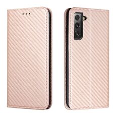 Per Samsung Galaxy S22 + 5G Cassa del telefono del titolare della trama della fibra di carbonio del carbonio (oro rosa)