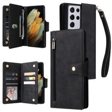 Per Samsung Galaxy S21 Ultra 5G Rivet Fibbia 9 carte Tre Pieghe Custodia in pelle (Nero)
