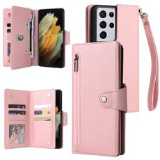 Per Samsung Galaxy S21 Ultra 5G Rivet Fibbia 9 carte Tre Pieghe Custodia in pelle (oro rosa)