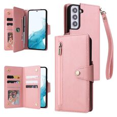 Per Samsung Galaxy S22 Fibbia Fibbia 9 carte Tre Pieghe in pelle Cassa del telefono (oro rosa)